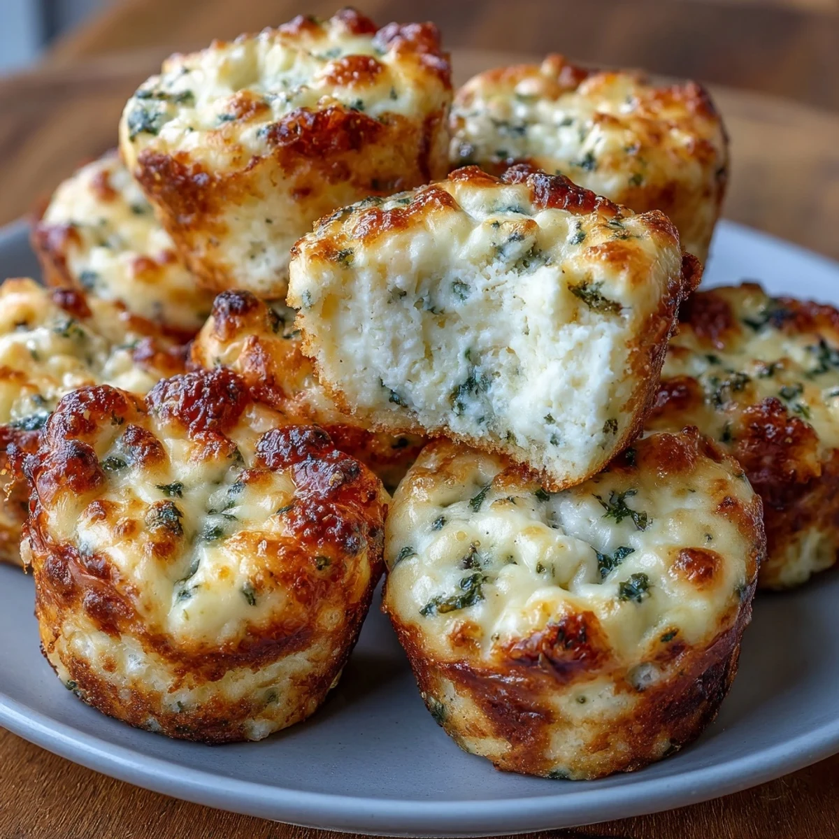 A close-up view of fluffy Cottage Cheese Egg Bites shows chopped spinach and cheddar cheese in a rustic setting.