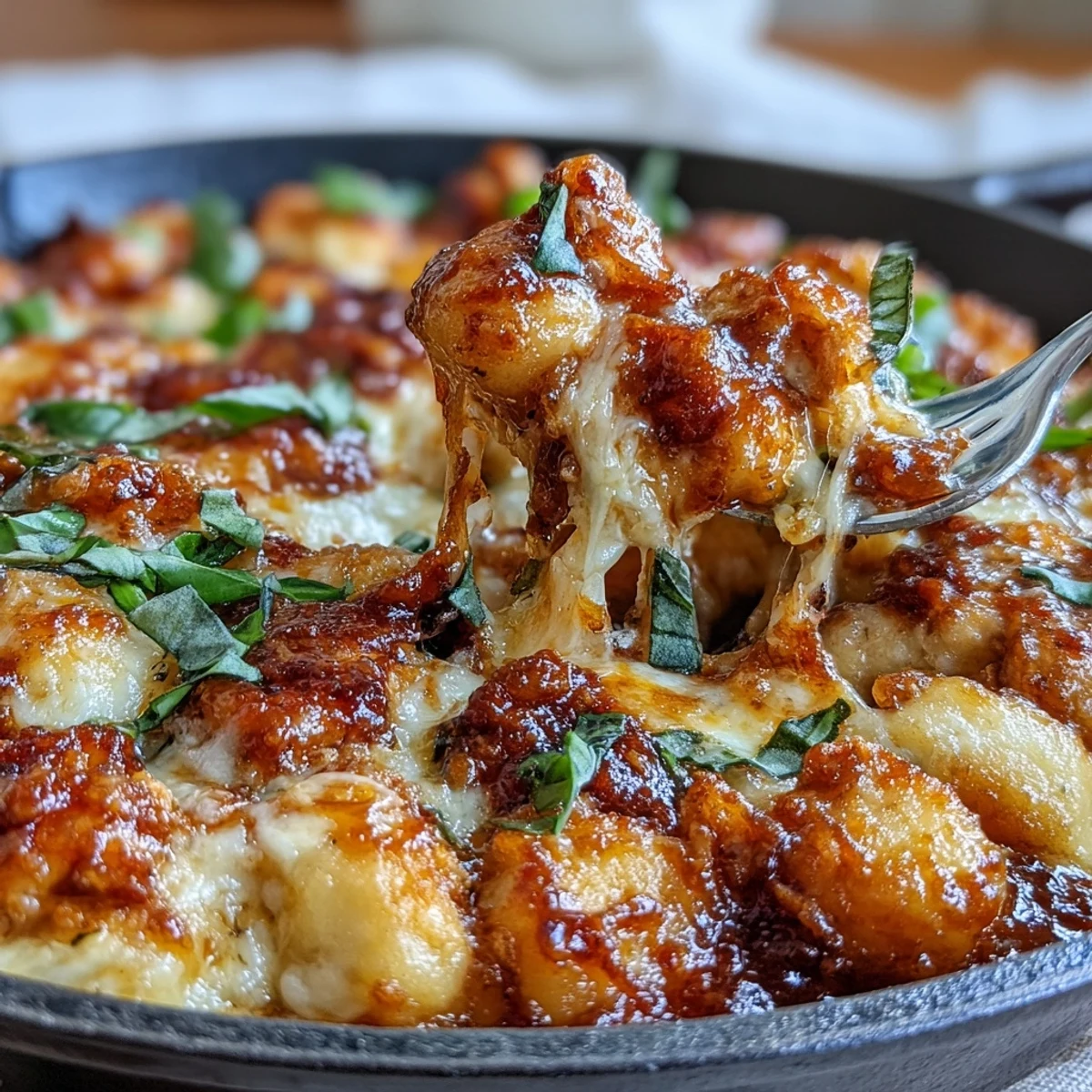 Golden-baked Chicken Parmesan Gnocchi skillet with tender gnocchi, shredded chicken, marinara sauce, and a crispy panko-Parmesan topping, served hot and bubbling from the oven.