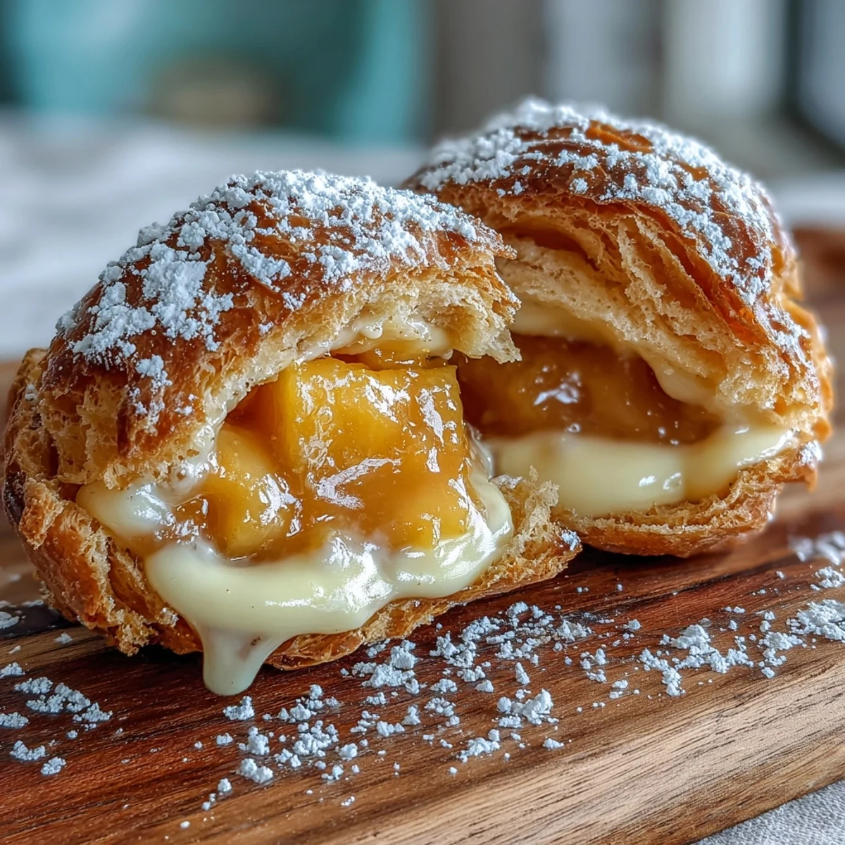 Golden mango pastry cream puffs filled with tropical mango-infused custard and dusted with powdered sugar on a rustic baking tray.  