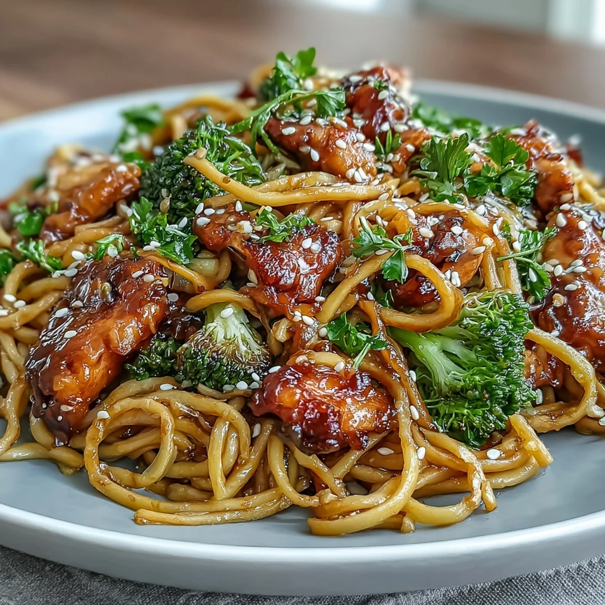 A vibrant Asian-inspired stir-fry of egg noodles, juicy chicken, and fresh broccoli in a sticky garlic sauce, perfect for a quick weeknight dinner.  