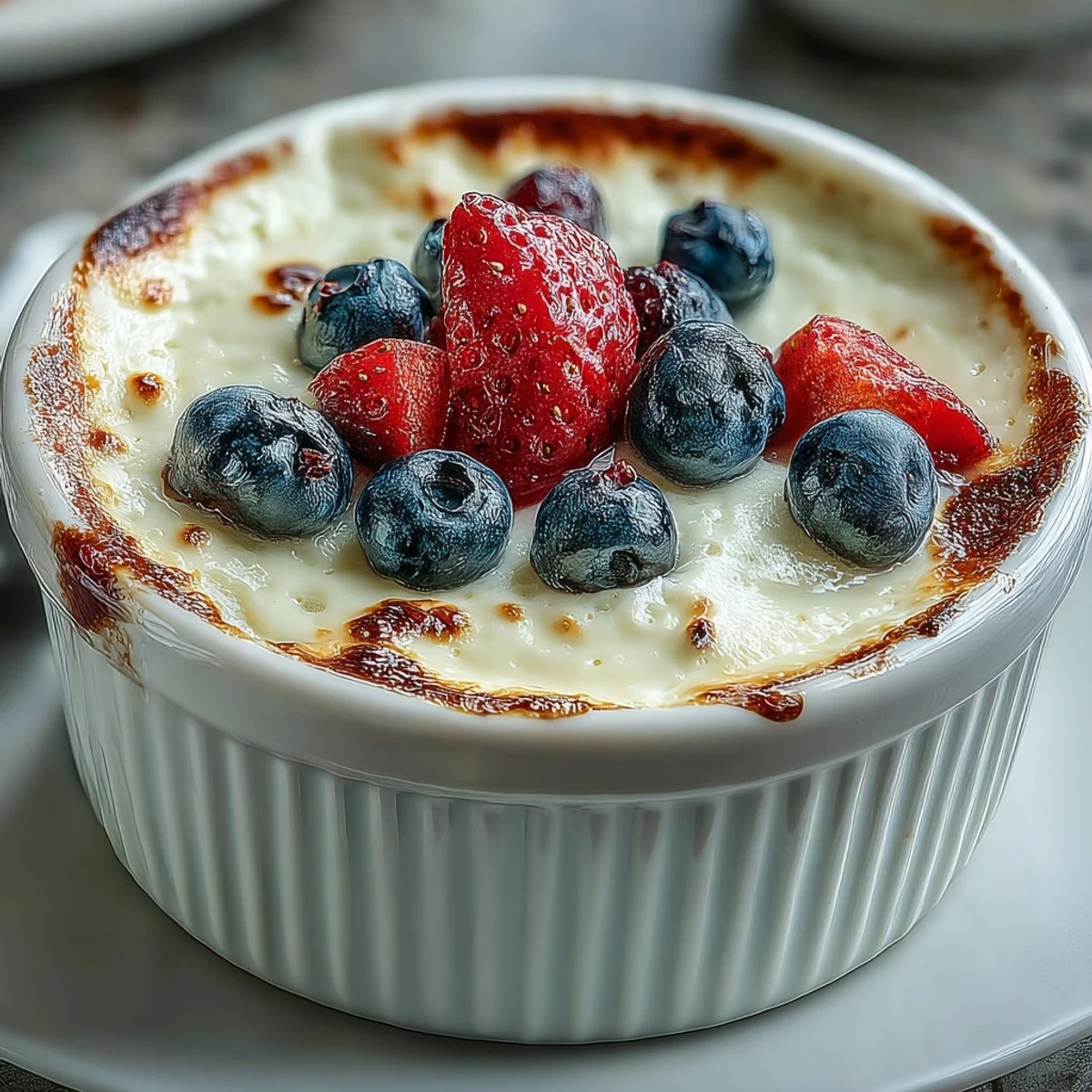 Baked Greek Yogurt with protein powder, egg, and almond milk in a ramekin, topped with fresh berries for a healthy breakfast.