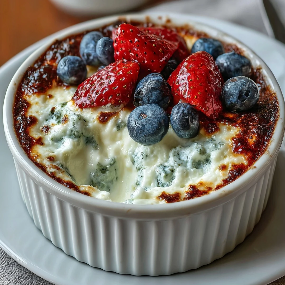 High-protein baked Greek yogurt with whey-casein blend, cornstarch, and egg, served warm in a ramekin for a quick snack.