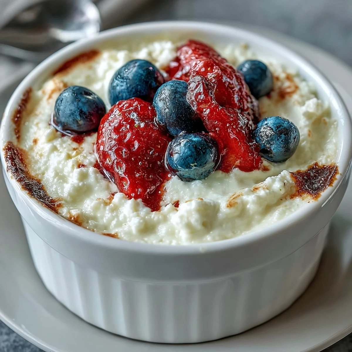 Creamy baked Greek yogurt mixed with vanilla protein powder, egg, and berries, perfect for a nutritious post-workout treat.