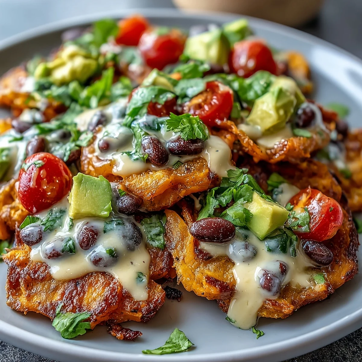 Vibrant vegan sweet potato nachos with black beans and creamy cashew queso, topped with fresh avocado and tomatoes.