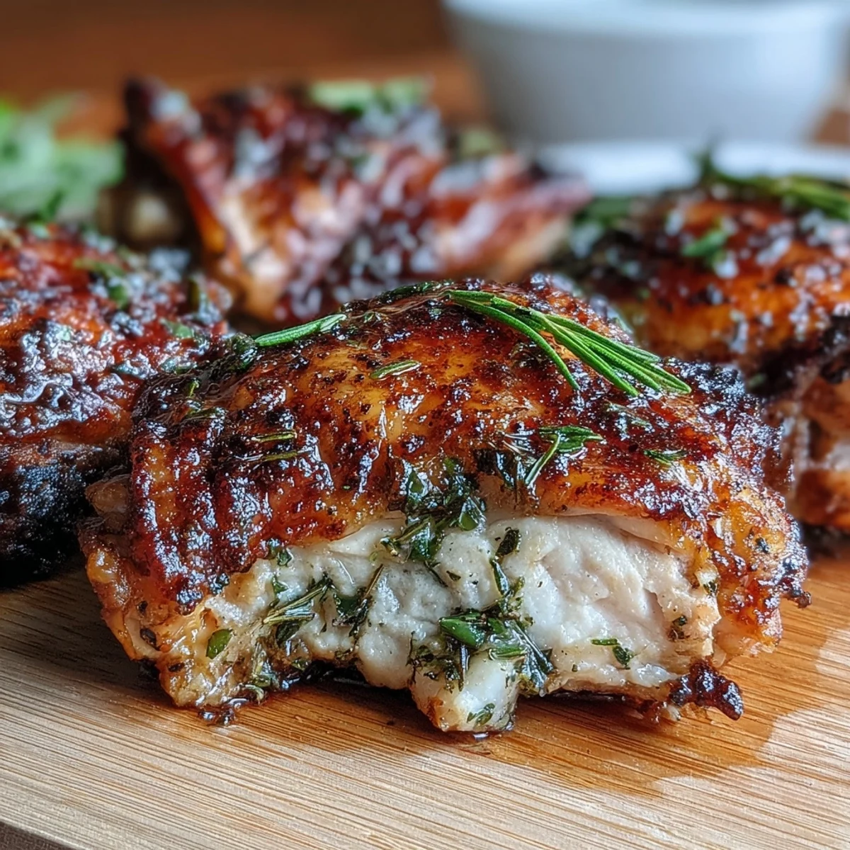 A golden tray of herb-roasted chicken thighs with crispy skin, surrounded by tender carrots and roasted potatoes, garnished with fresh parsley.