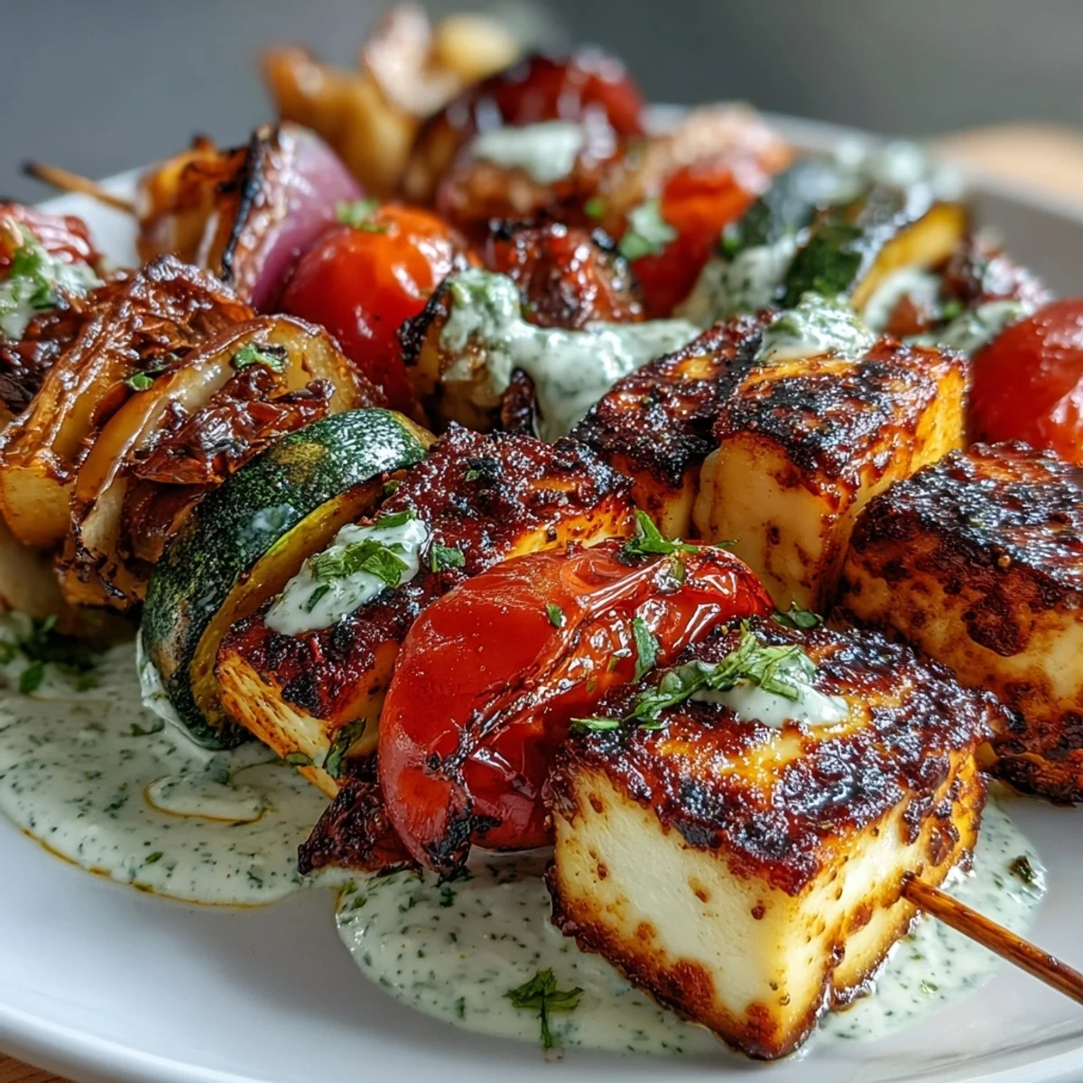 Grilled veggie and halloumi skewers with herb yogurt sauce, featuring colorful vegetables and golden cheese, perfect for summer grilling.