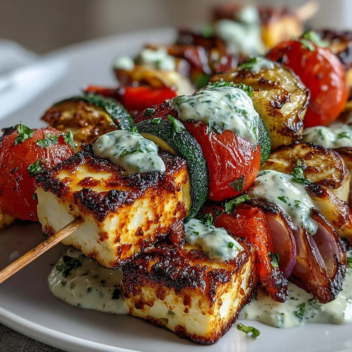 Colorful grilled halloumi and vegetable skewers served with fresh herb yogurt sauce, a vibrant vegetarian dish for outdoor cooking.