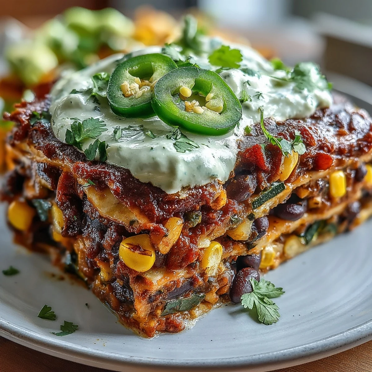 Hearty vegan black bean enchilada casserole with avocado crema, layered with smoky vegetables and corn tortillas.