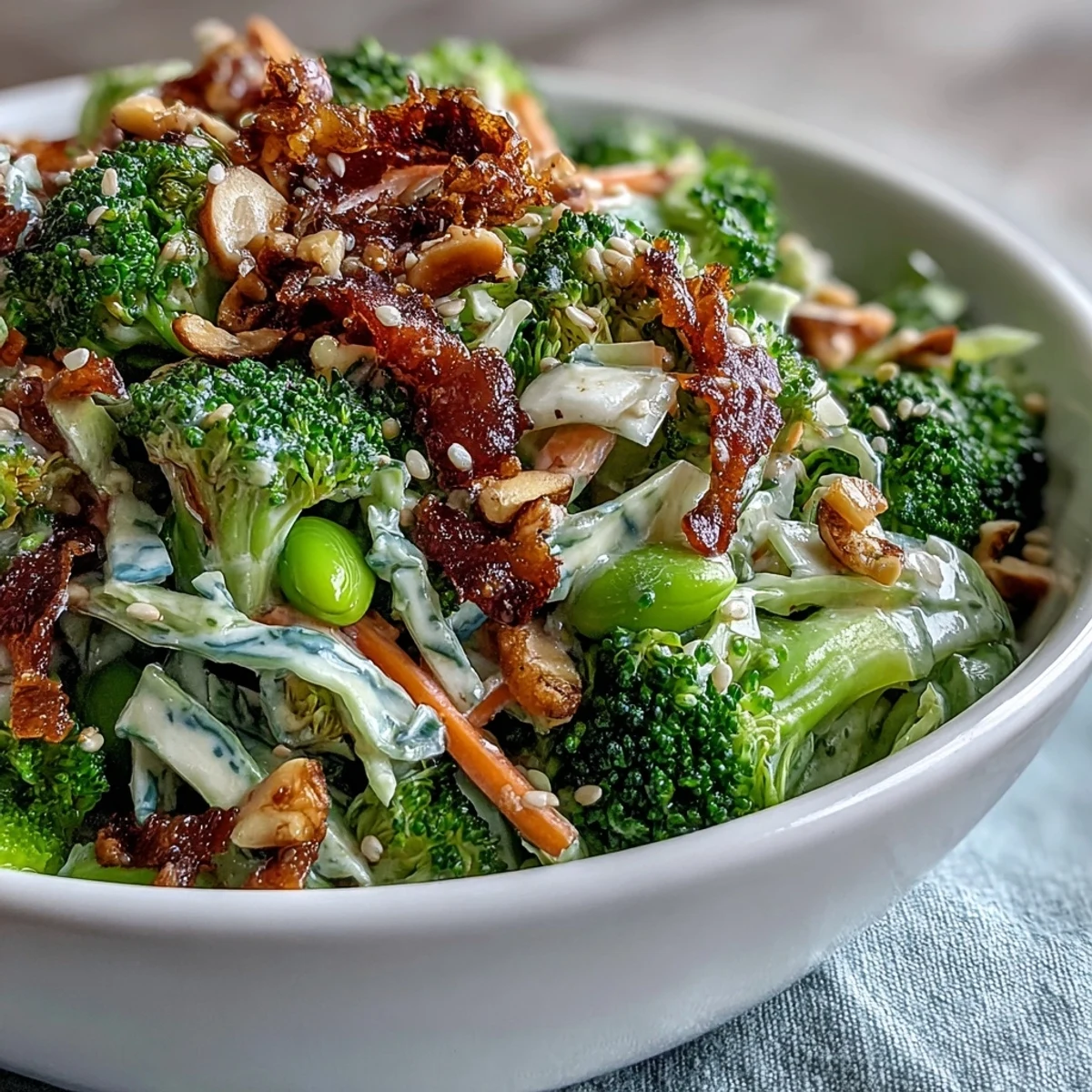 Fresh and vibrant broccoli crunch salad with crisp vegetables and a zesty Asian-inspired dressing, topped with toasted sesame seeds.  