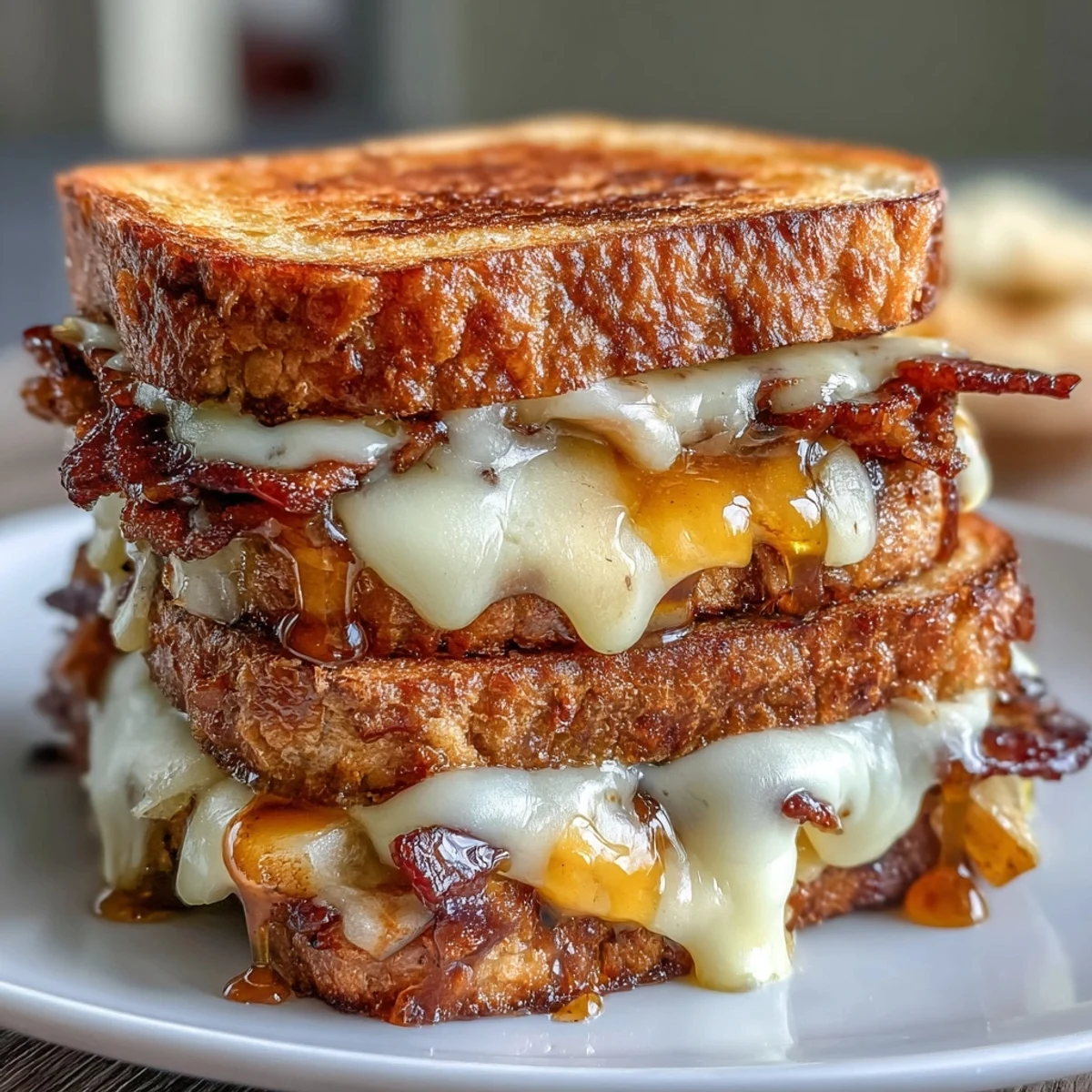 A golden grilled cheese sandwich with beef bacon, cheddar, and apples, drizzled with hot honey for a sweet and spicy twist.