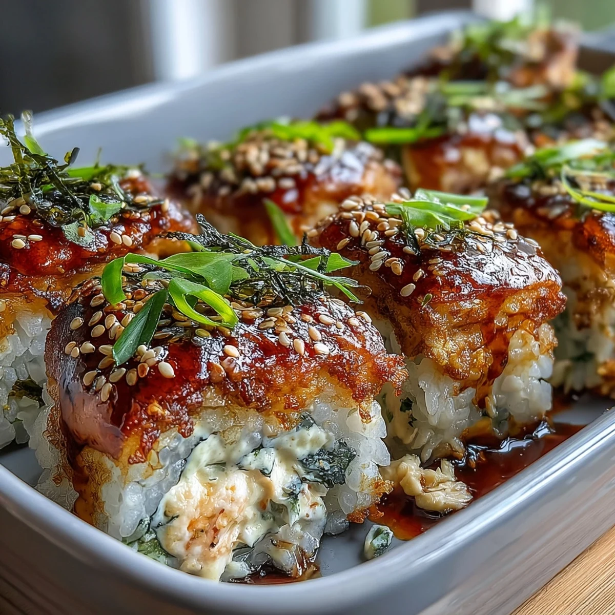 Creamy salmon sushi bake with shredded fish, imitation crab, and Sriracha mayo served in a warm casserole dish.
