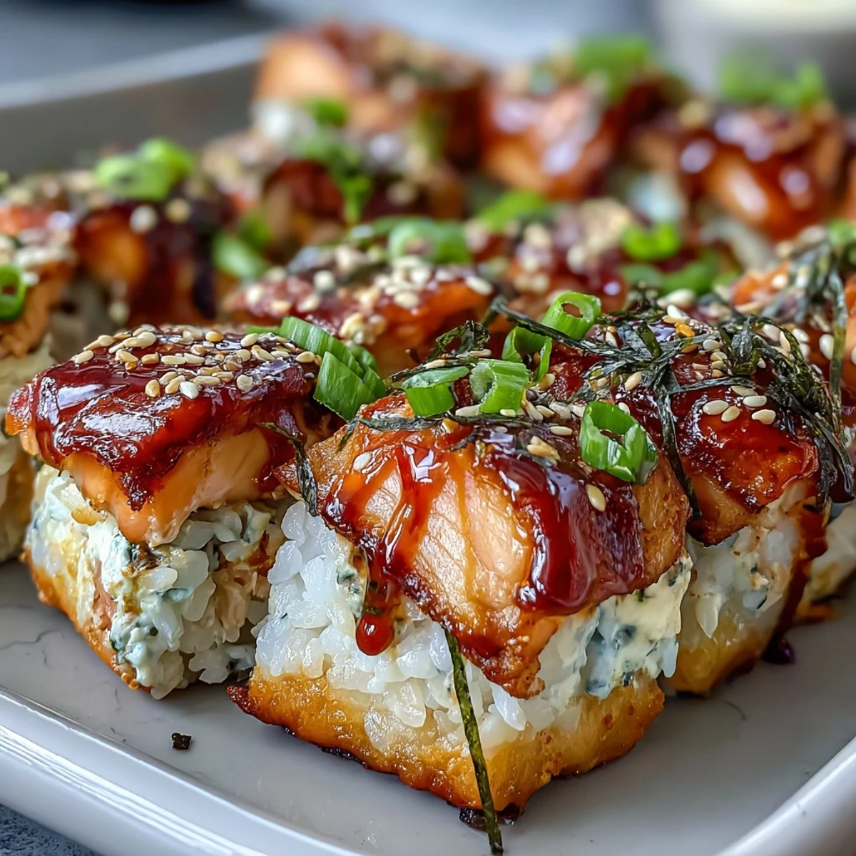 Deconstructed salmon sushi roll bake featuring seasoned rice, creamy seafood filling, and seaweed snacks for serving.