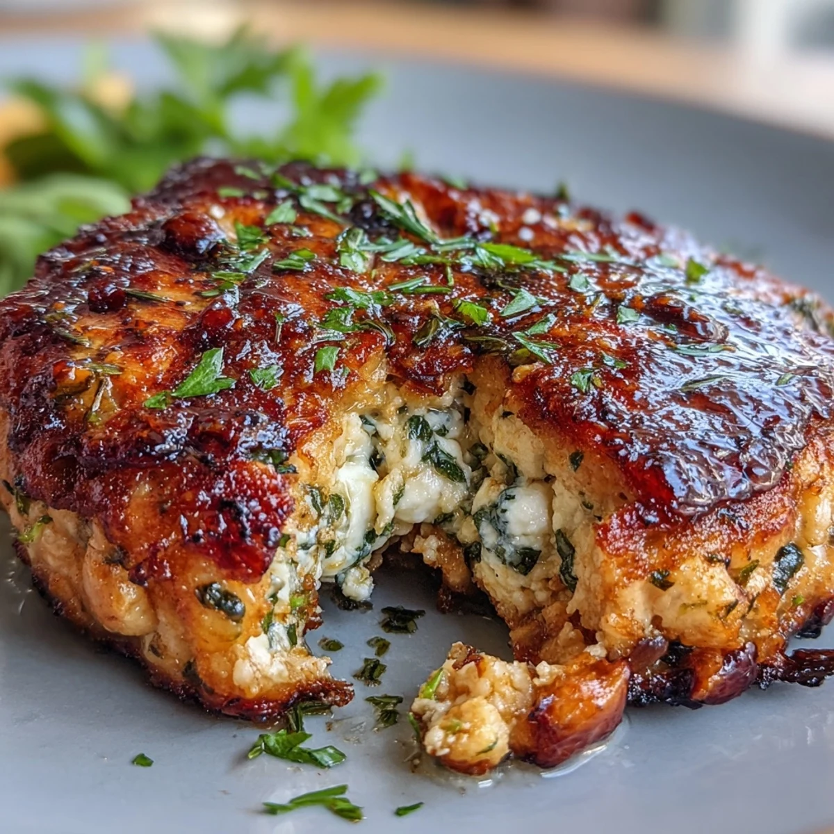 Juicy Mediterranean chicken patties bursting with feta, herbs, and olives, served with fresh cucumber and tomato.  