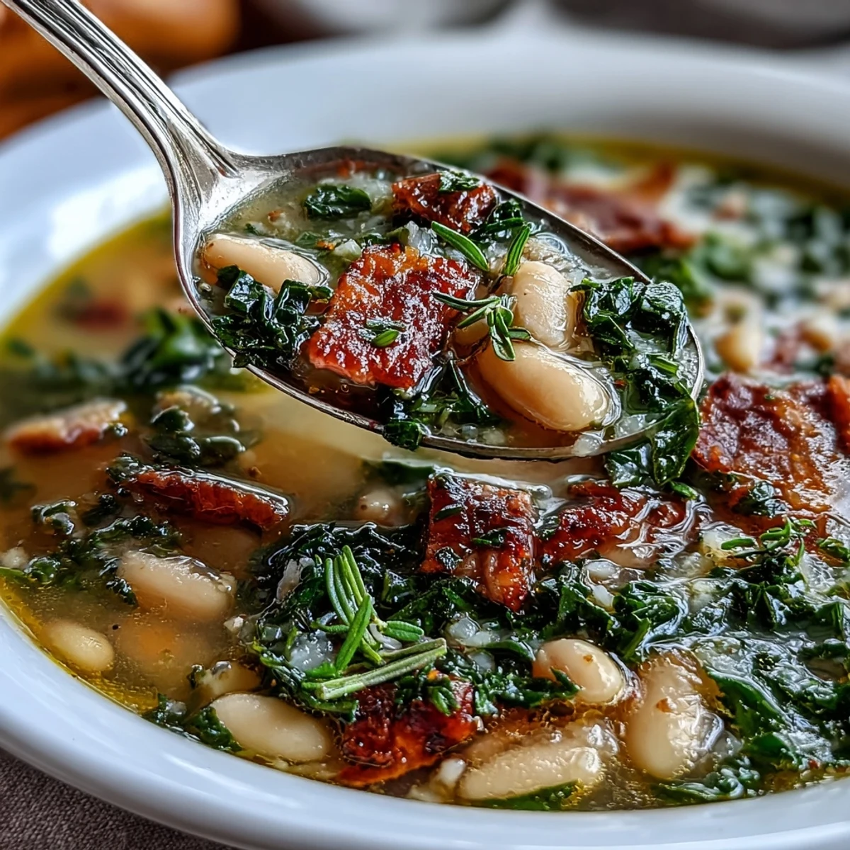 A steaming bowl of ham and kale white bean soup with tender chunks of ham and vibrant green kale leaves.
