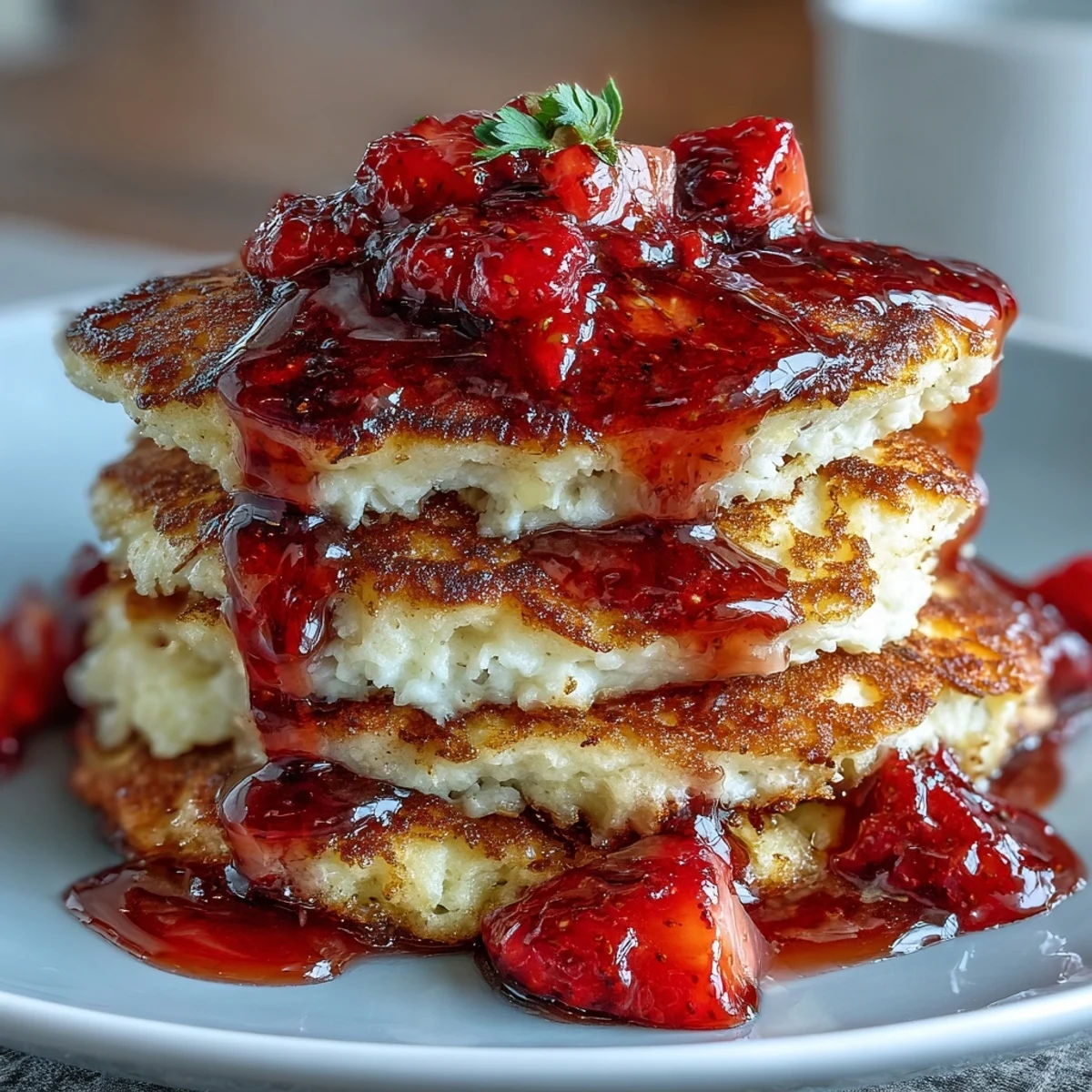 Fluffy cottage cheese pancakes topped with vibrant homemade strawberry syrup for a protein-packed breakfast.