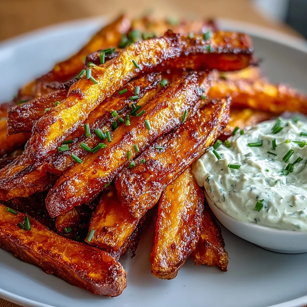 Golden sweet potato fries, lightly spiced and air-fried, accompanied by a rich, creamy onion dip—perfect for dipping.