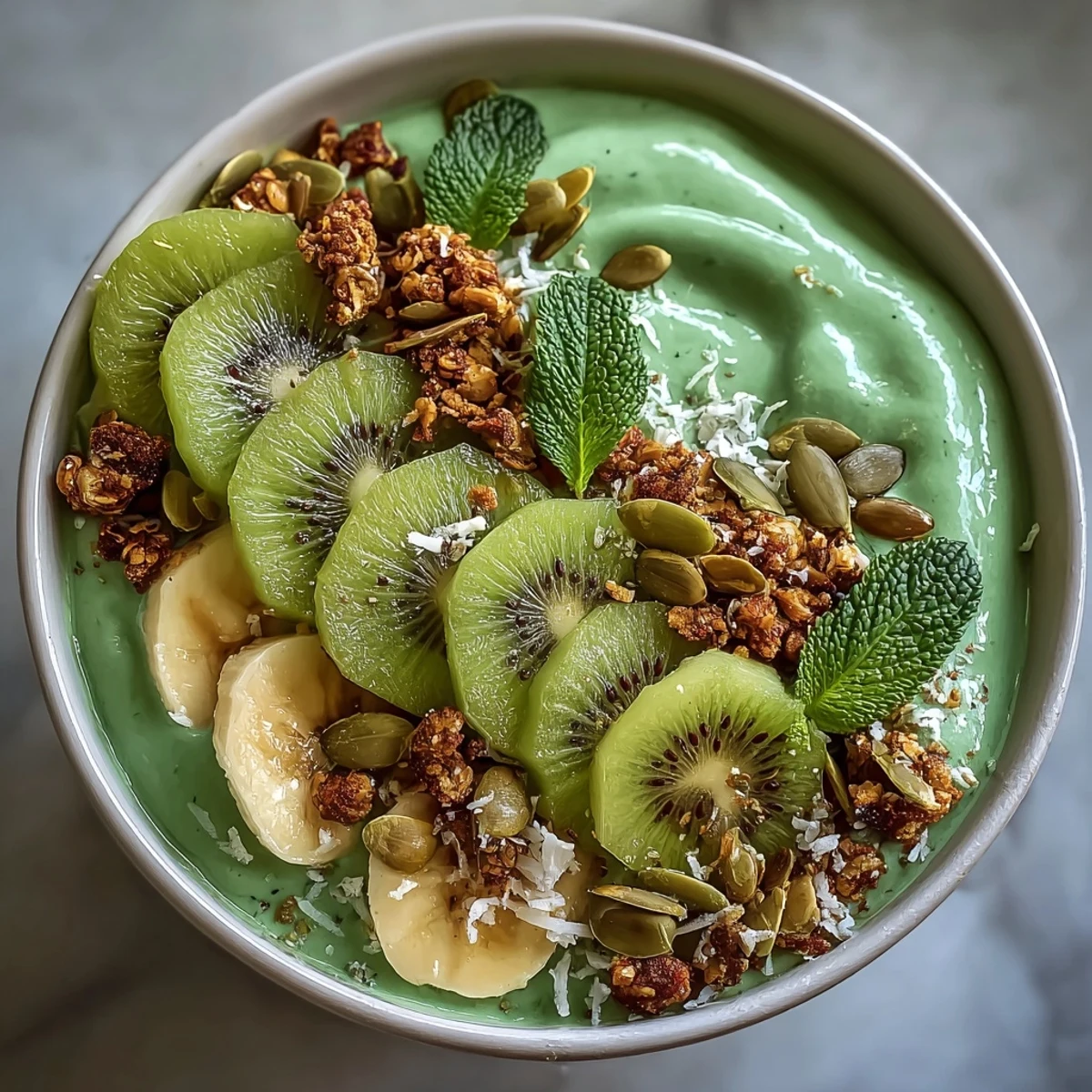 Shamrock Green Smoothie Bowl with Kiwi and Spinach topped with granola, coconut, and fresh fruit slices.  