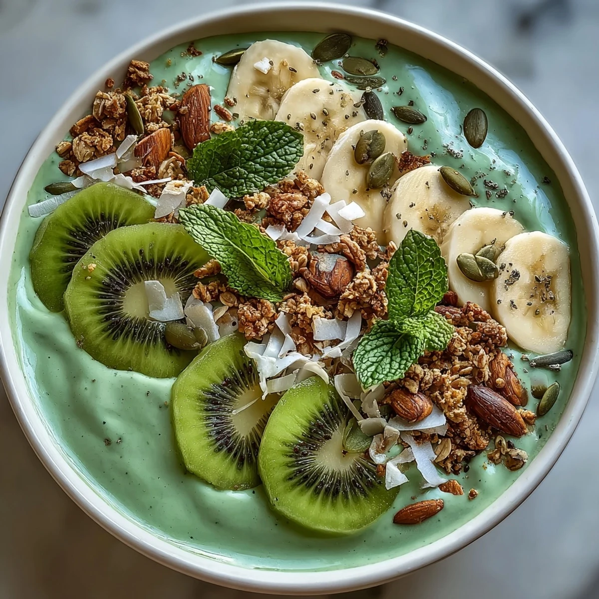 Creamy green smoothie bowl made with spinach, kiwi, and banana, garnished with crunchy toppings for texture.  