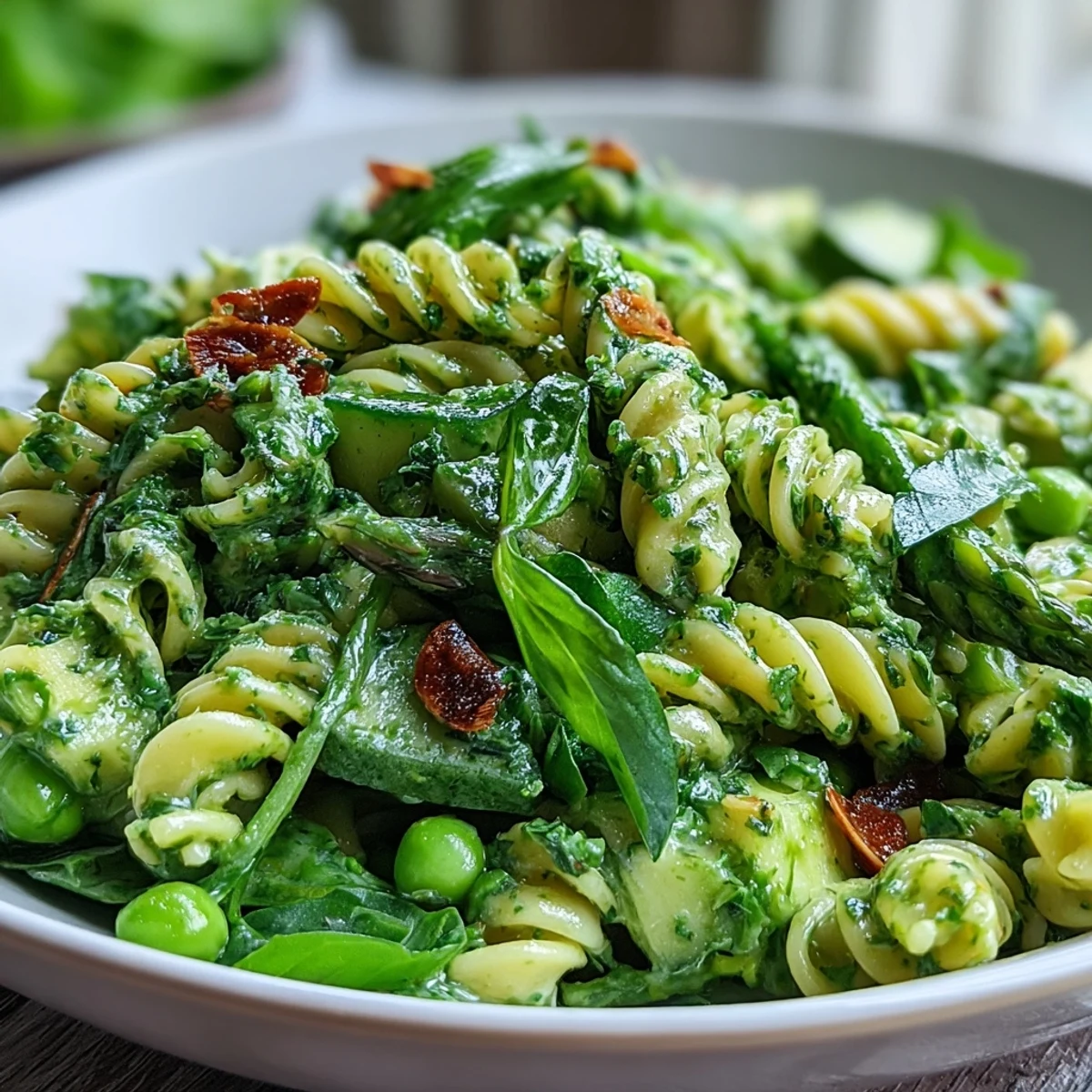 Colorful fusilli pasta tossed with crisp snap peas, spinach, and avocado, coated in a tangy herbed green goddess dressing.  