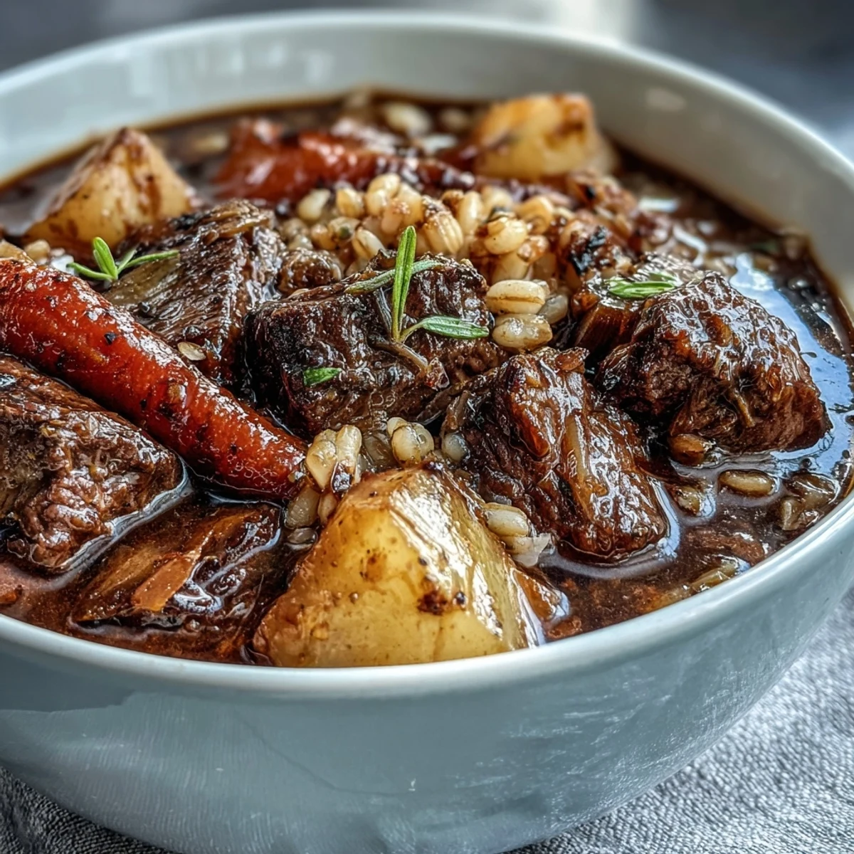 Hearty one-pot Guinness beef and barley stew with tender beef, root vegetables, and rich stout broth in a rustic pot.