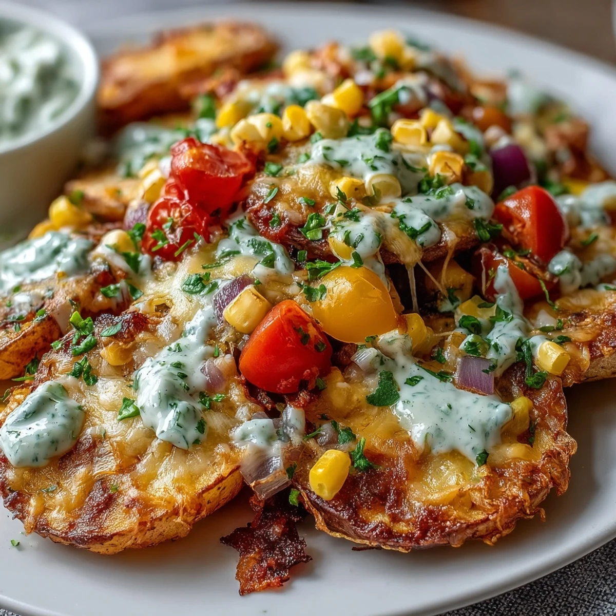 Golden roasted potato slices piled high with rainbow bell peppers, corn, tomatoes, and olives, served alongside a tangy homemade Greek yogurt ranch dip.