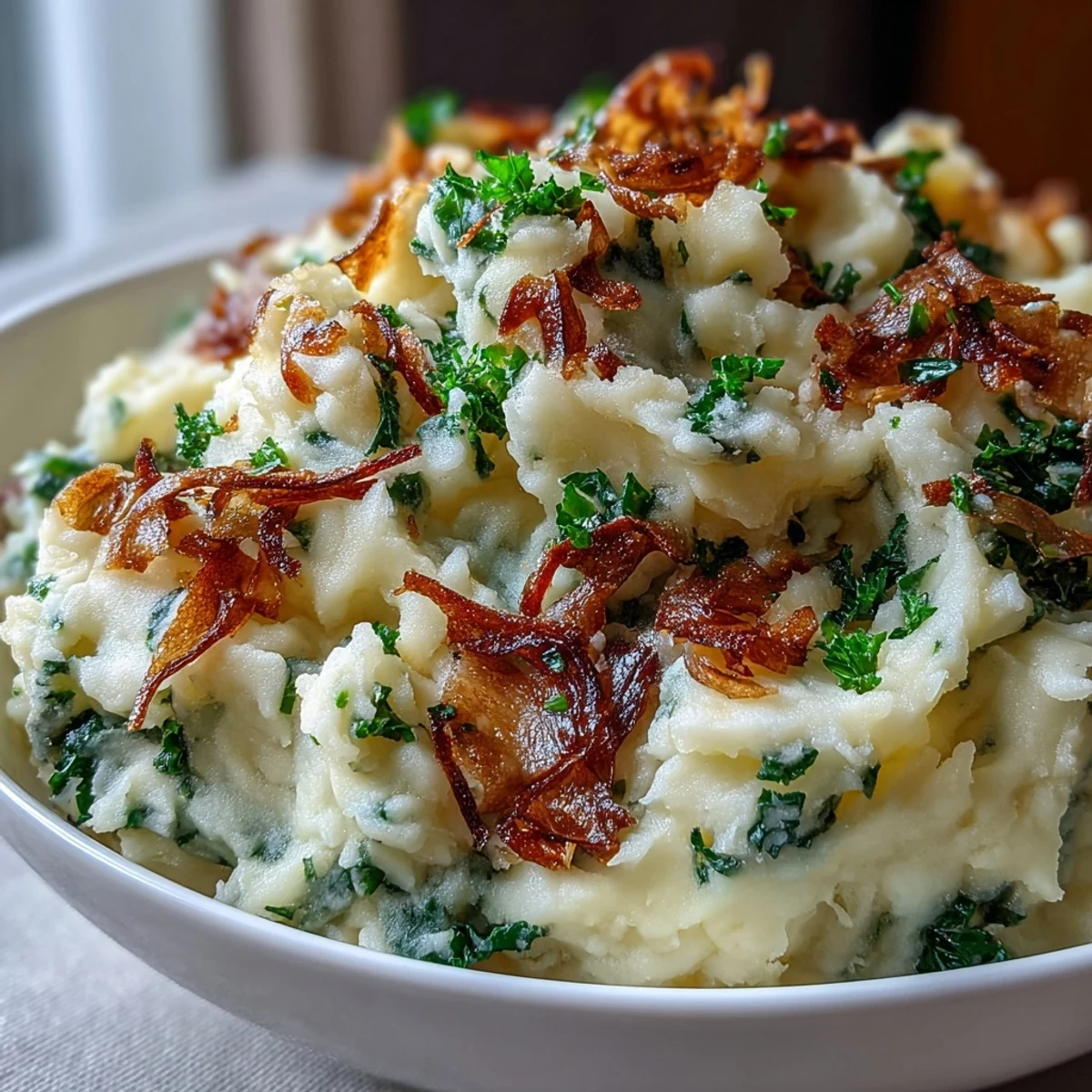 Creamy Irish colcannon mashed potatoes with sautéed leeks and crispy kale topping for a comforting side dish.  