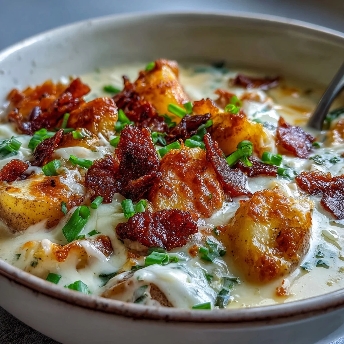 Creamy St. Patrick's Day loaded baked potato soup with crispy bacon, cheddar cheese, and green onions in a bowl.  