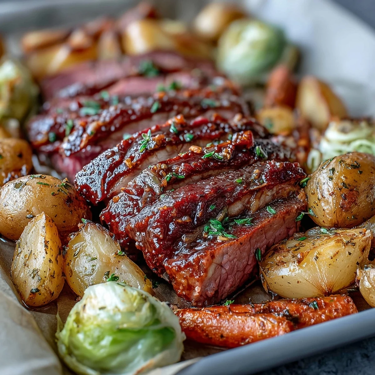 Savory corned beef slices nestled among crisp cabbage wedges, baby potatoes, and carrots, all seasoned and roasted on a single sheet pan.  