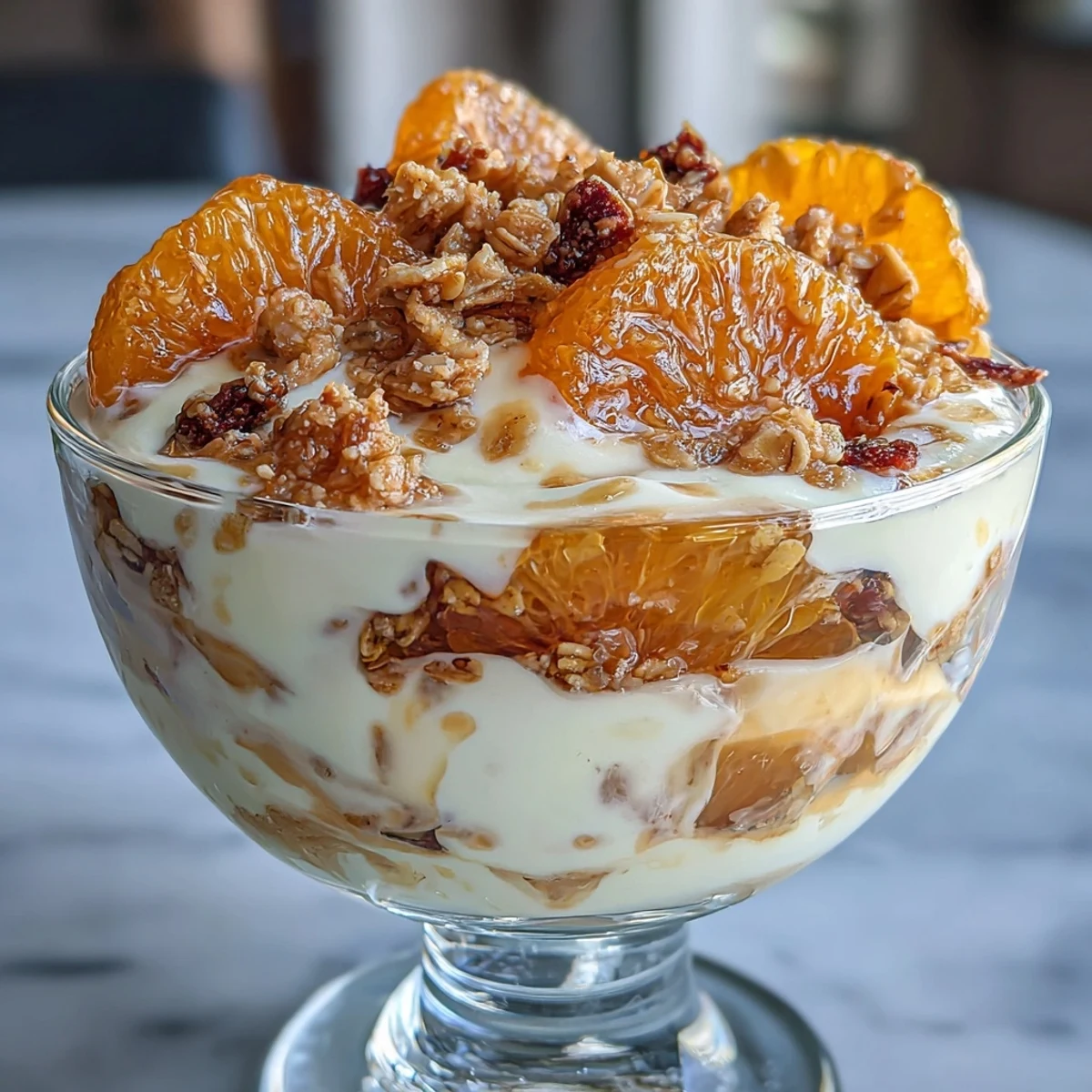 Creamy Greek yogurt layered with sweet candied oranges and crunchy granola, garnished with toasted almonds and mint leaves.