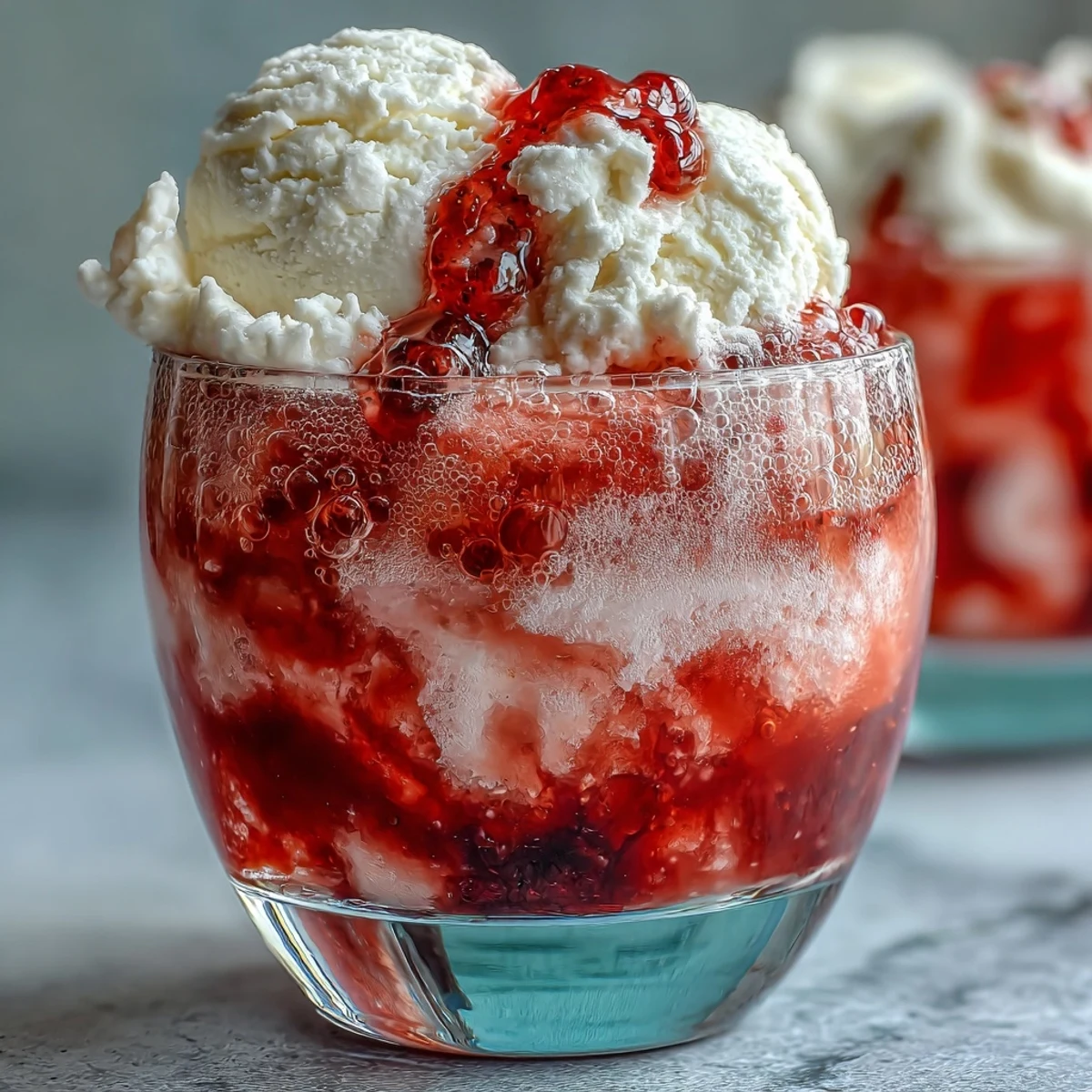 Two tall glasses filled with a bubbly strawberry daiquiri float, featuring scoops of vanilla ice cream, sliced strawberries, and a refreshing fizz.