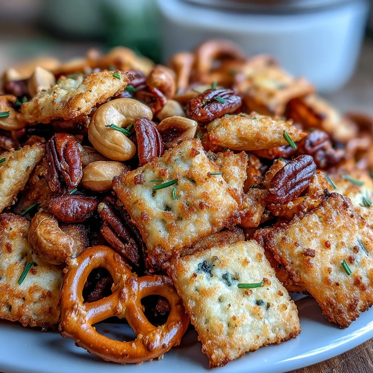 Golden sourdough Cheez-Its combined with pretzels and mixed nuts for a tangy, crunchy homemade snack mix.  