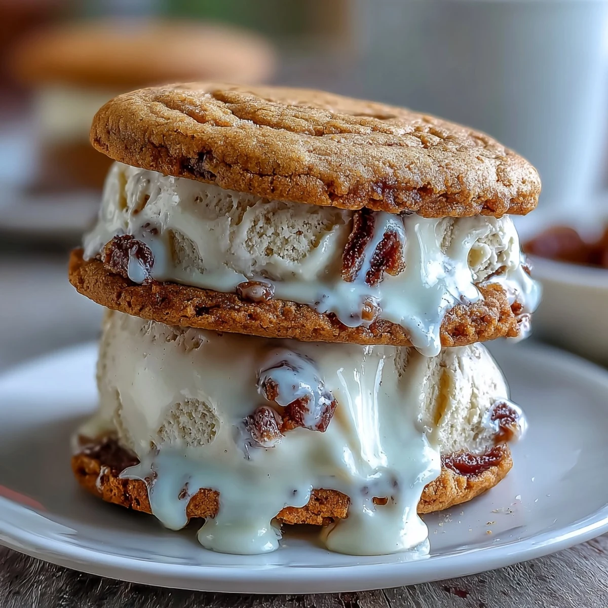 Two coffee-infused cookies embrace rich vanilla bean ice cream for a cool, indulgent summer dessert.  