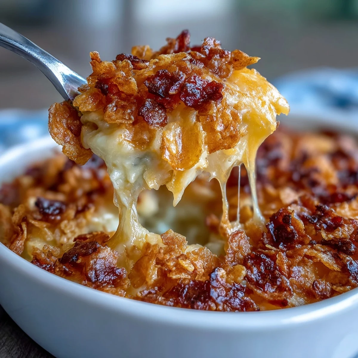 A warm, cheesy potato casserole with a golden cornflake and cheddar crust, perfect for family gatherings and potlucks.