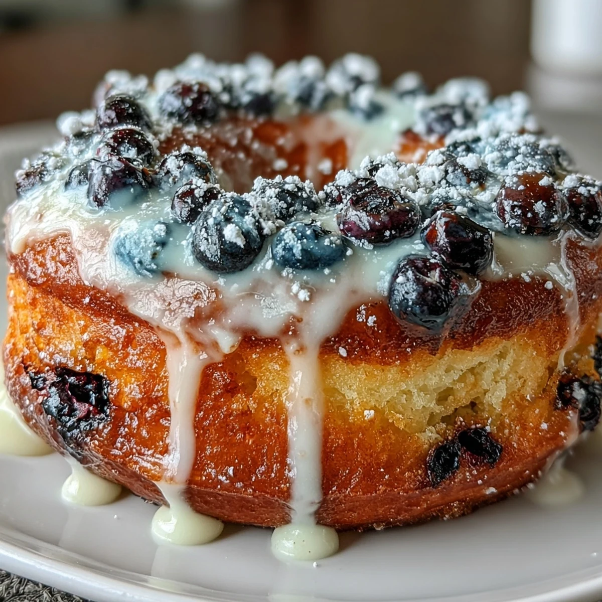 A close-up shot of freshly glazed sourdough donuts with visible blueberries on a cooling rack.