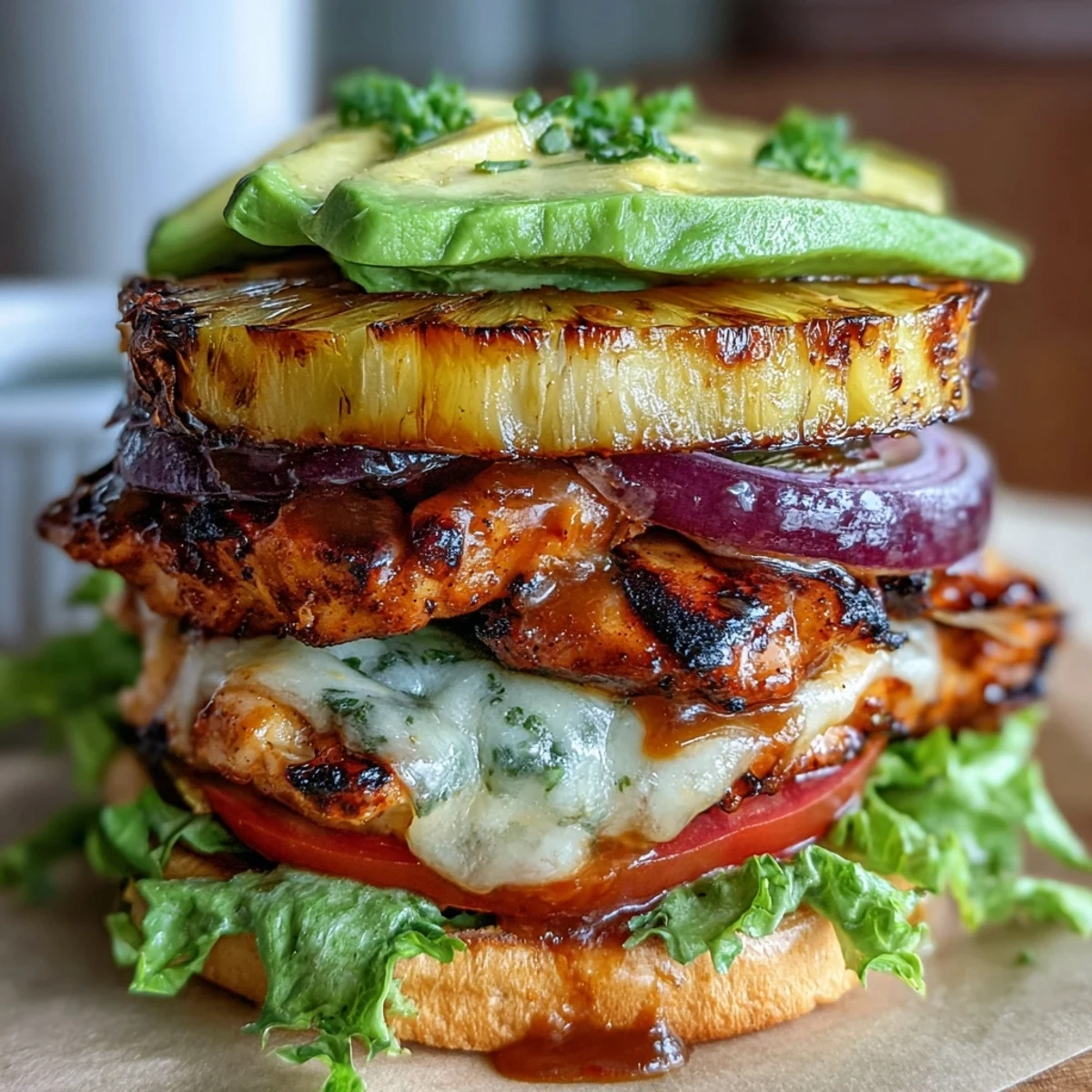 Grilled chicken pineapple burger stacks with juicy chicken, caramelized pineapple, and fresh avocado slices, served open-faced on crisp lettuce.