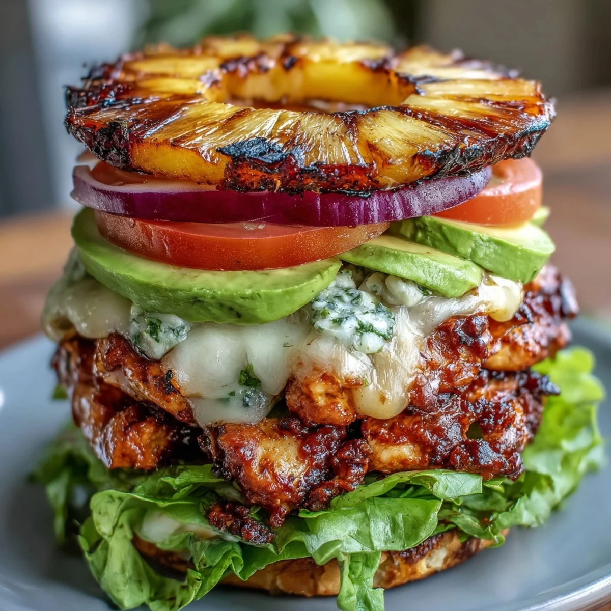 Layered grilled chicken pineapple burger stacks topped with melted cheese, grilled onions, and vibrant veggies for a flavorful, bun-free meal.