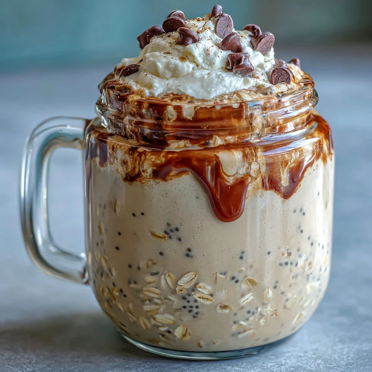 Creamy Vanilla Bean Frappuccino Overnight Oats with espresso and vanilla in a jar, topped with whipped cream and chocolate chips for a refreshing breakfast treat.  