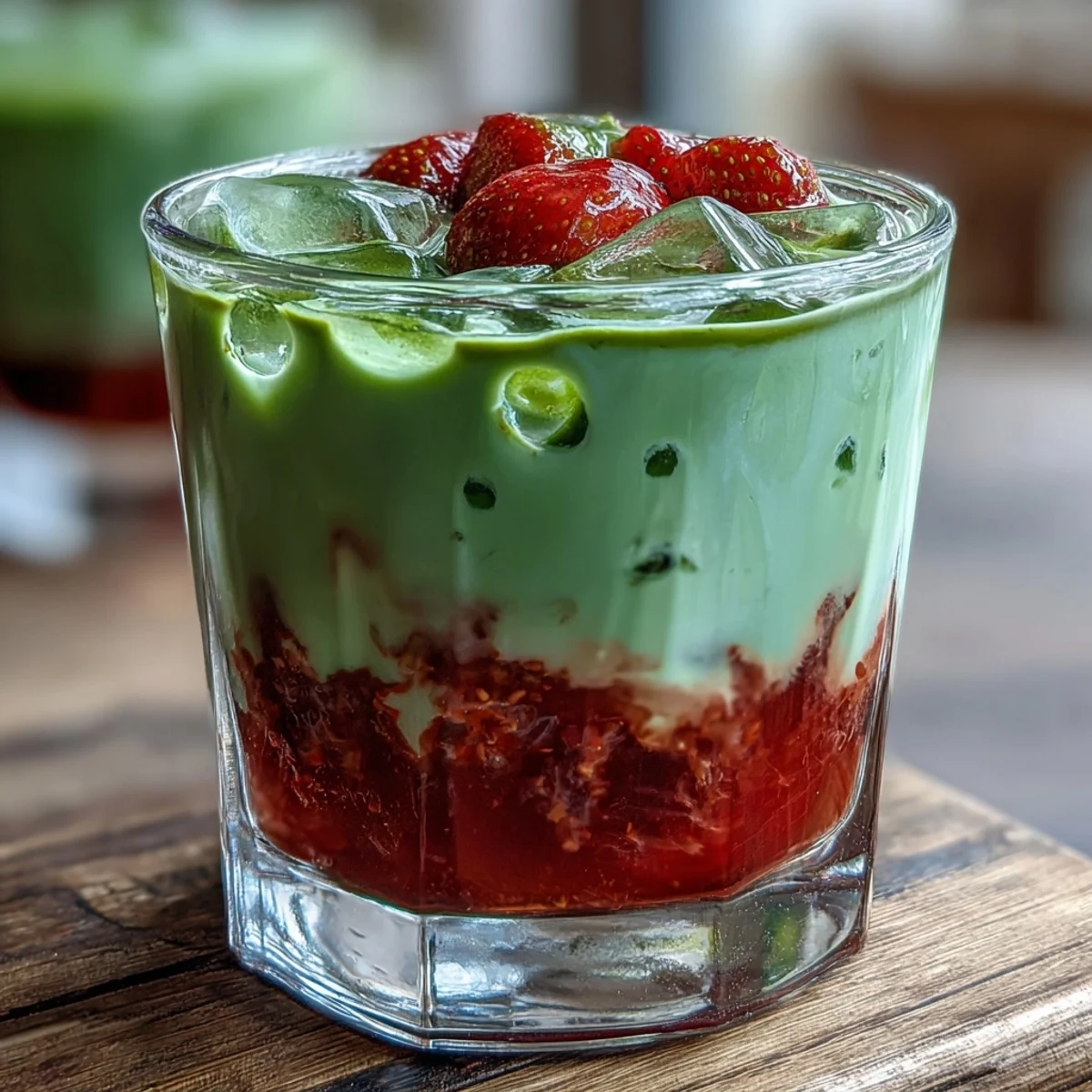 A creamy dairy-free strawberry matcha latte with vibrant layers of fresh strawberries and oat milk.