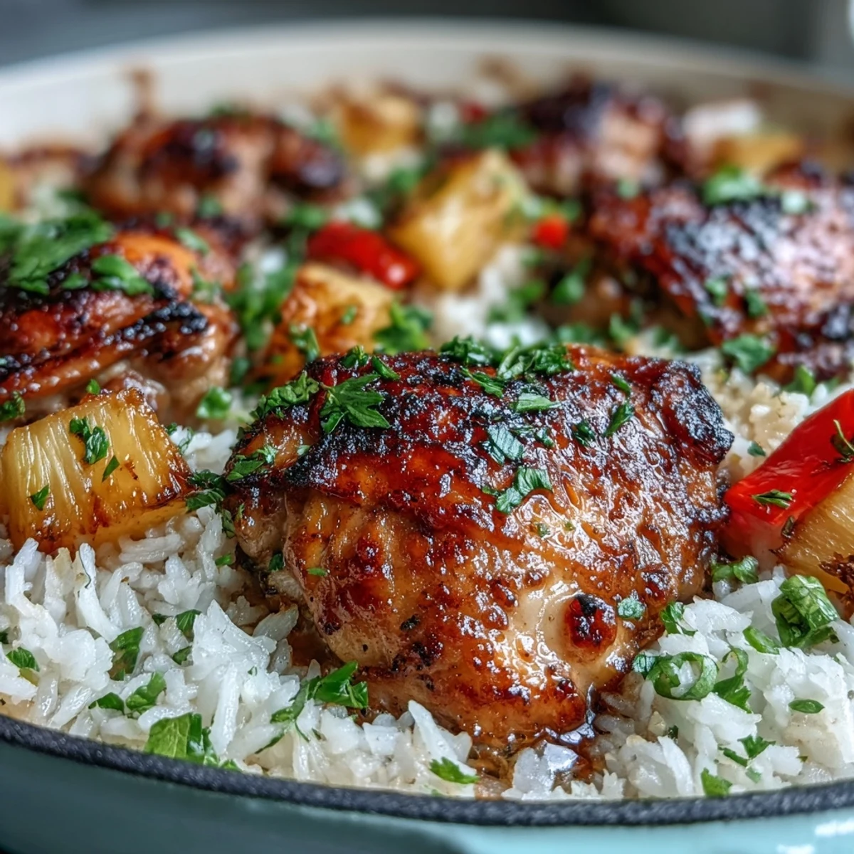 One-Pan Pineapple Chicken and Rice Bake: golden chicken thighs baked over pineapple-infused rice with bell peppers and onion. One-Pan Pineapple Chicken and Rice Bake: juicy pineapple chunks and tender chicken atop fluffy rice, baked to perfection in a single dish. One-Pan Pineapple Chicken and Rice Bake: vibrant tropical flavors with smoky paprika and soy sauce, served hot from the oven.
