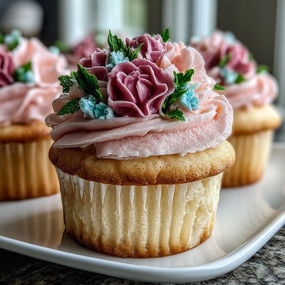 Delicate vanilla cupcakes adorned with pastel buttercream flowers, perfect for baby showers and spring celebrations.
