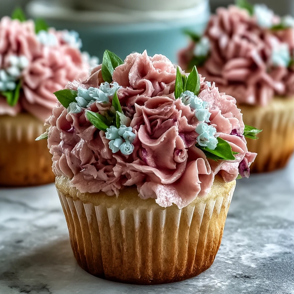 Beautifully piped buttercream blooms in soft pinks, yellows, and purples crown tender vanilla cupcakes.