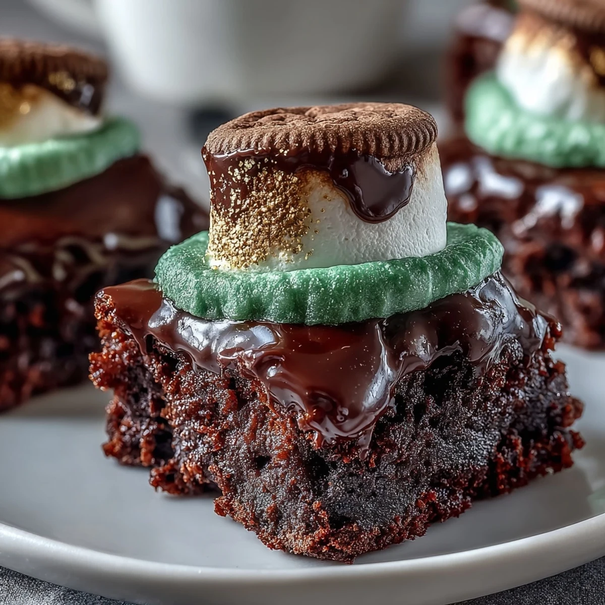 Rich, fudgy brownie bases crowned with festive chocolate-dipped marshmallow hats and gold sprinkle buckles for a lucky treat.