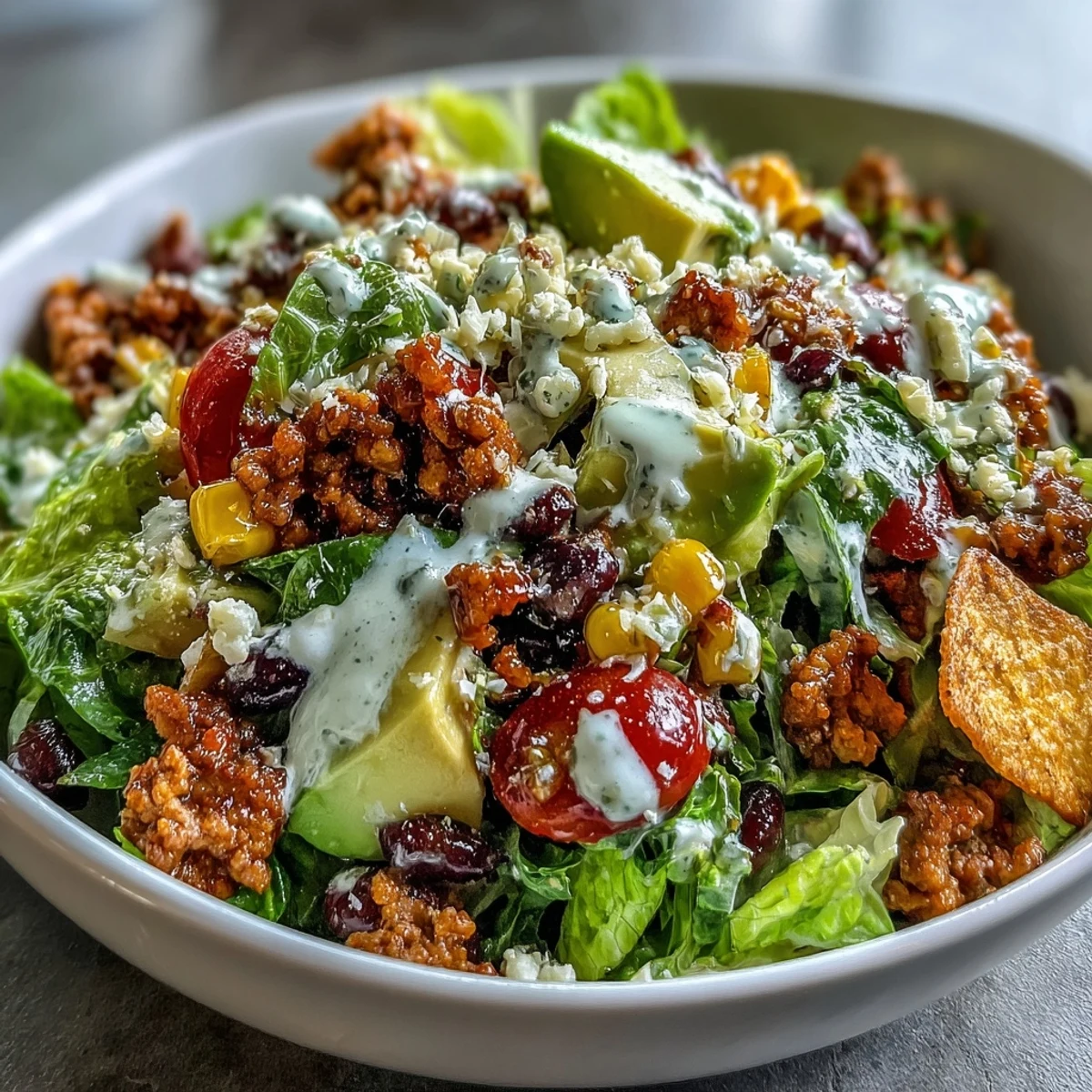 Healthy Easy Taco Salad Bowls with Greek Yogurt Ranch drizzled over crisp romaine, seasoned turkey, and colorful veggies for a satisfying meal.
