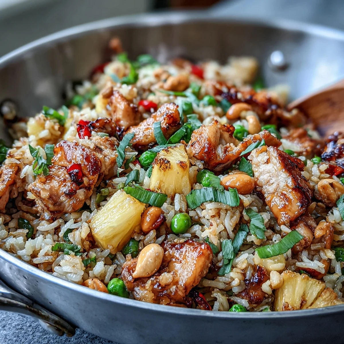 Tropical Hawaiian pineapple chicken fried rice featuring sweet pineapple, scrambled eggs, and tender chicken served in a large wok.