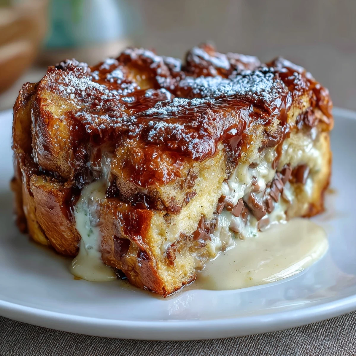 Warm and comforting chocolate croissant bread pudding topped with powdered sugar, served with fresh berries for a cozy brunch treat.
