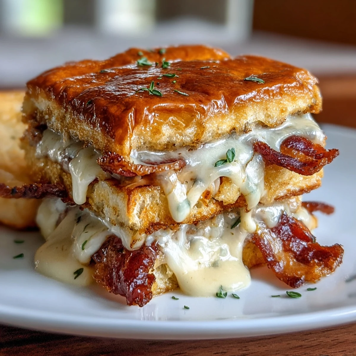 Miniature Hot Brown sandwiches featuring layers of turkey, crispy bacon, and rich Mornay sauce, topped with Parmesan and served warm from the oven.