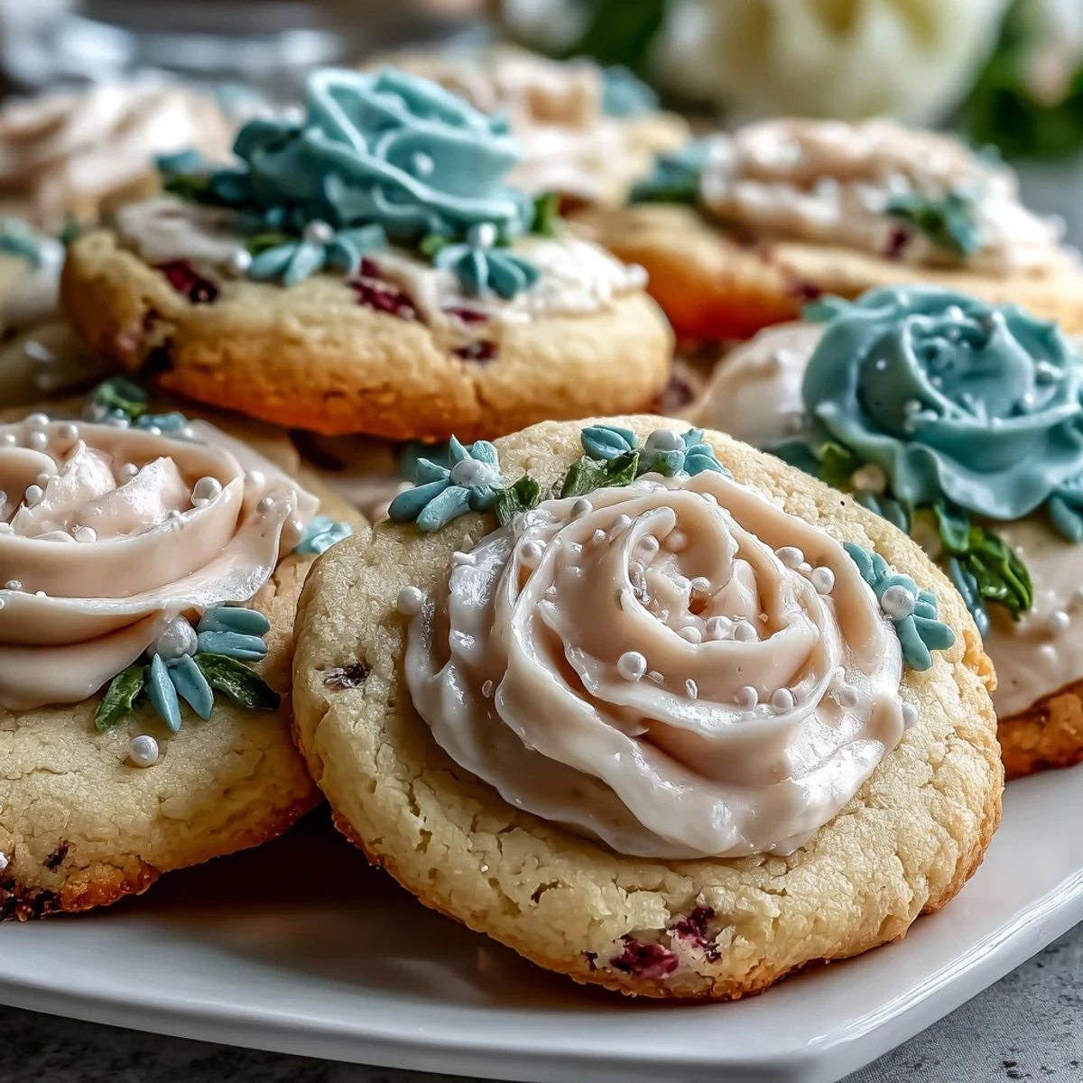 Charming baby in bloom flower cookies with smooth pastel icing, a delightful spring dessert.