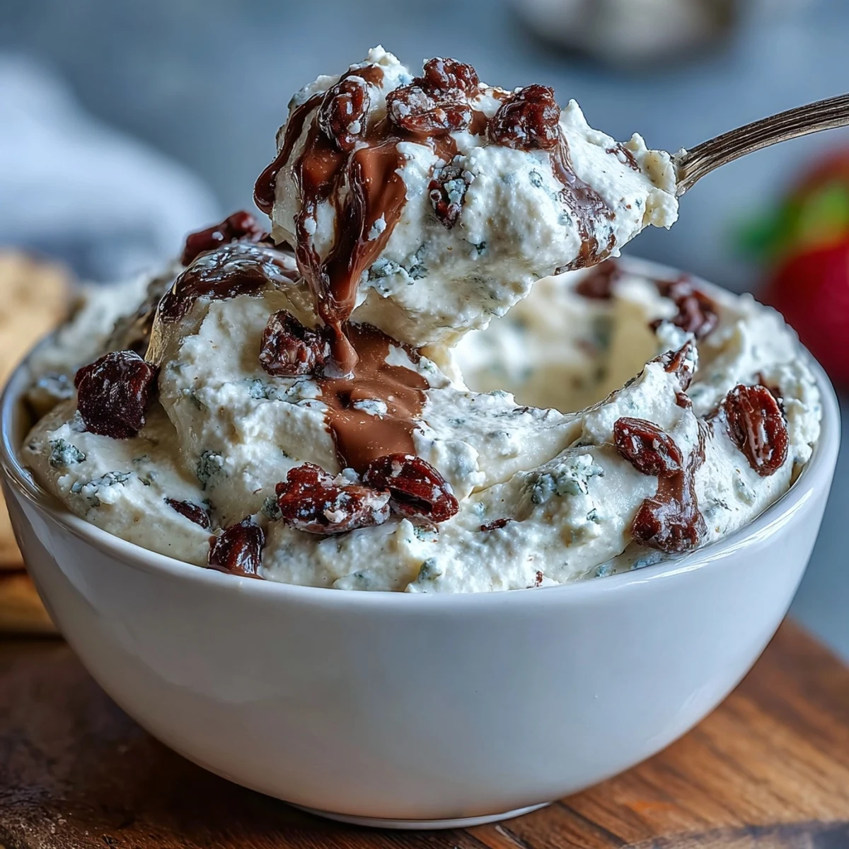 Velvety cottage cheese cookie dough dip, swirled with mini chocolate chips, perfect for dipping crisp apple slices and strawberries.