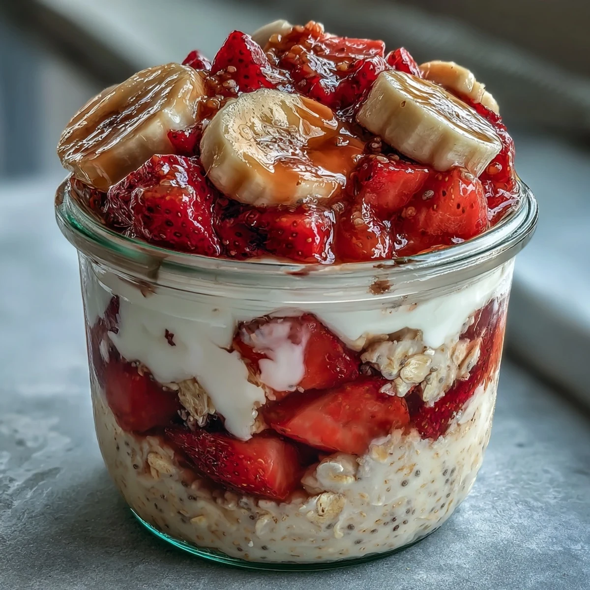 A jar of strawberry banana overnight oats with chia seeds, layered with fresh fruit and creamy oats for a wholesome breakfast.  