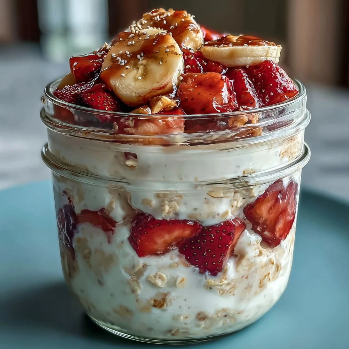 Vibrant overnight oats with chia seeds, topped with sliced strawberries and ripe banana for a naturally sweet, healthy start to the day.  